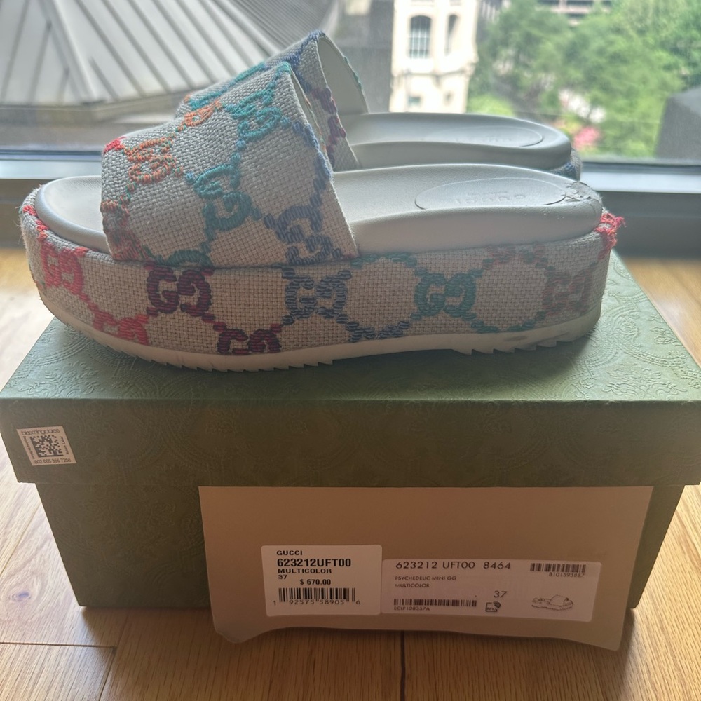 Gucci Multi Colored Monogram Platform Slides Sz 37 - image 3